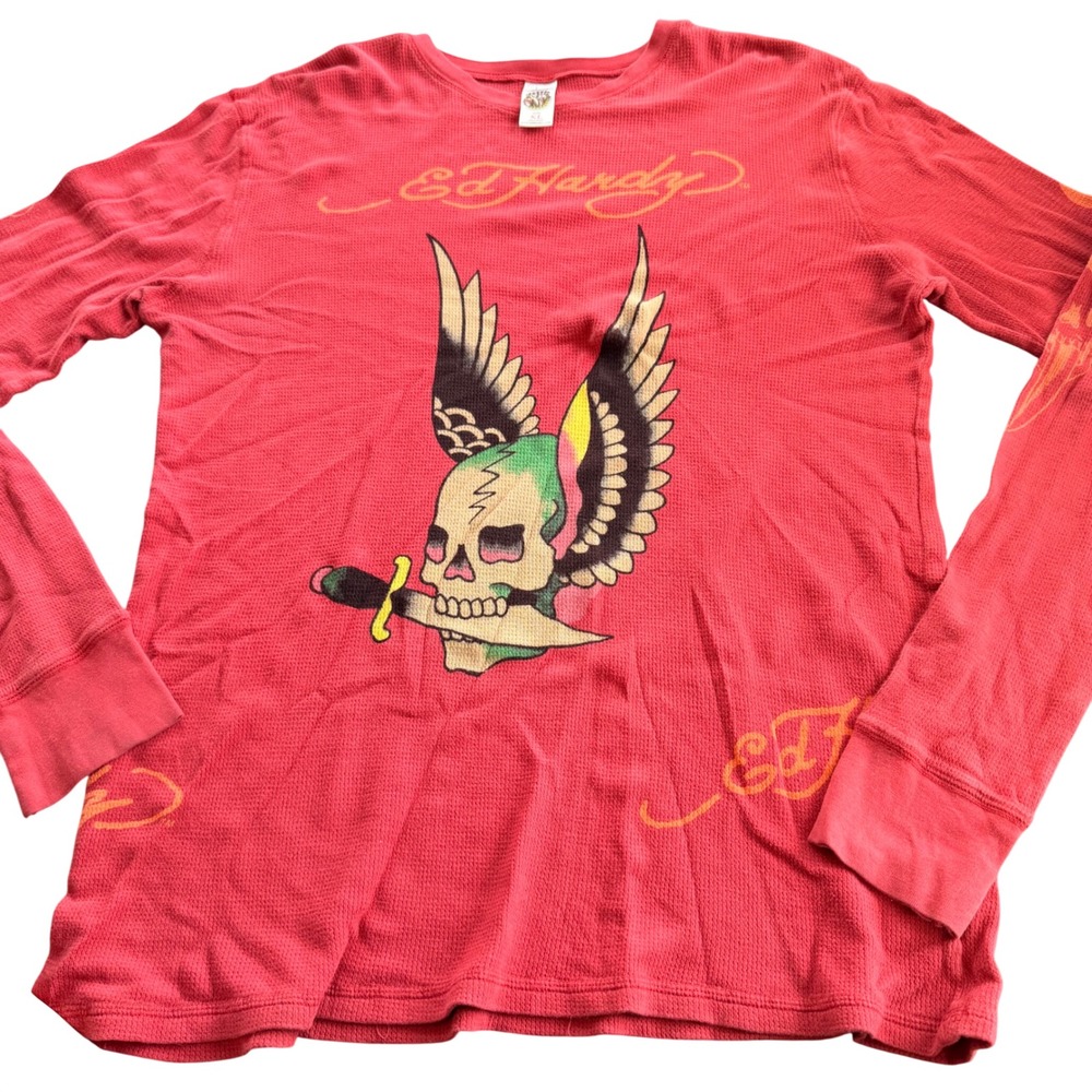 Ed Hardy Mens XL Red Long Sleeve Shirt Winged Skull Dagger Tattoo Graphic - Picture 3 of 6